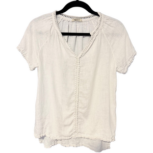 Alessia Pacini Italy White Linen Blouse with Pom Pom Lace Trim Size S
